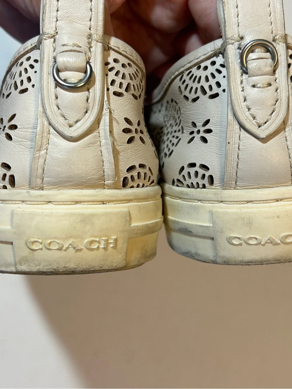 Coach Leather Laser Cut Floral Slip-On Sneakers Ivory Cream Women’s Loafers